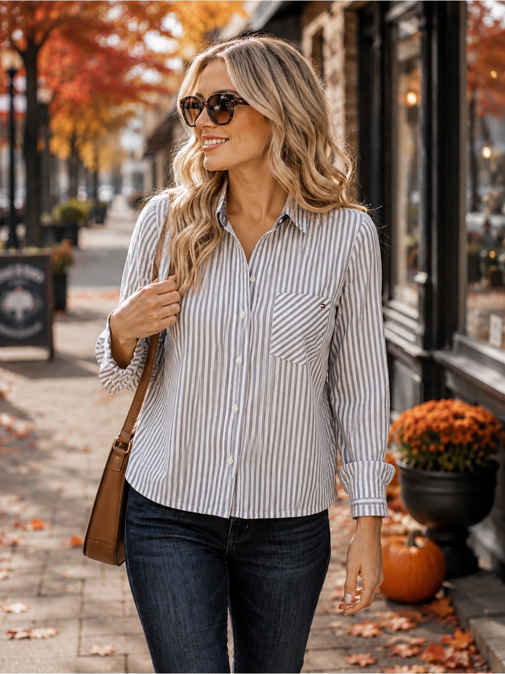 Tommy Hilfiger Striped Button Down Cotton Blouse